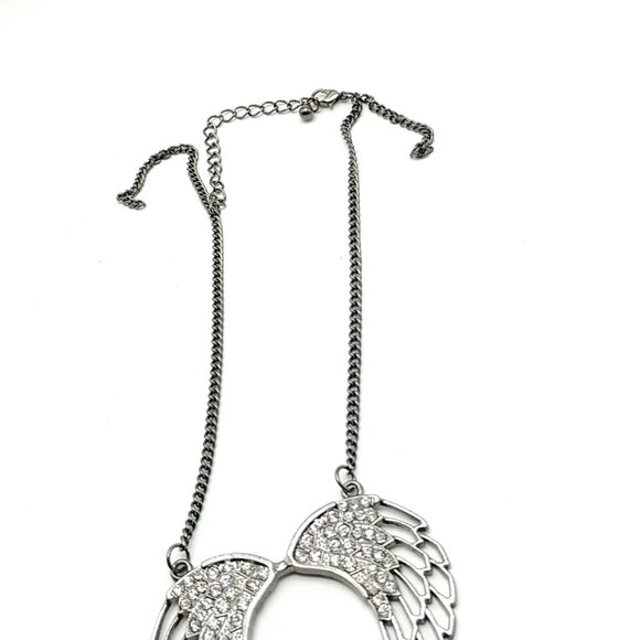 Rhinestone Angel Wing Open Heart Necklace Silver Tone Statement Pendant Chain - Picture 4 of 16